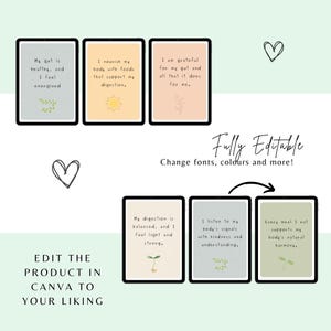 May include: Six printable cards with positive affirmations about gut health. The cards feature illustrations of a sun, a sprout, and a leaf. The text on the cards reads: "My gut is healthy, and I feel energised", "I nourish my body with foods that support my digestion", "I am grateful for my gut and all that it does for me", "My digestion is balanced, and I feel light and strong", "I listen to my body's signals with kindness and understanding", "Every meal I eat supports my body's natural harmony".