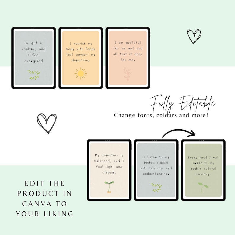 May include: Six printable cards with positive affirmations about gut health. The cards feature illustrations of a sun, a sprout, and a leaf. The text on the cards reads: "My gut is healthy, and I feel energised", "I nourish my body with foods that support my digestion", "I am grateful for my gut and all that it does for me", "My digestion is balanced, and I feel light and strong", "I listen to my body's signals with kindness and understanding", "Every meal I eat supports my body's natural harmony".