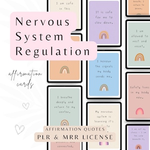 Puede incluir: Un conjunto de tarjetas de afirmación con ilustraciones de arcoíris y mensajes positivos para la regulación del sistema nervioso. Las tarjetas presentan frases como "Estoy seguro en esto", "Es seguro para mí ir más despacio", "Respiro profundamente y vuelvo a mi centro", "Honro las señales que mi cuerpo me envía", "Mi sistema nervioso está aprendiendo", "Se me permite descansar y reiniciar", "La seguridad vive en mi cuerpo ahora", y "No soy mi estrés - soy la calma debajo".