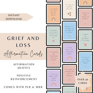 Cartes d'affirmation de deuil et de perte, DPP thérapeutique, droits de revente, amour de soi, soins personnels, aimant principal, coaching, santé mentale, édition sur canva