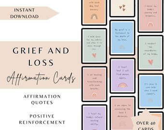 Grief and Loss Affirmation Cards, therapy PLR re-sell rights, self love, self care, lead magnet, coaching, mental health, edit in canva
