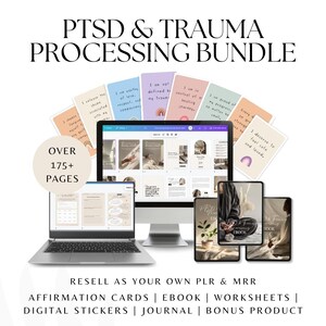 May include: A digital product bundle for processing trauma and PTSD. The bundle includes affirmation cards, an ebook, worksheets, digital stickers, a journal, and a bonus product. The bundle is over 175 pages long and is available for resale as a PLR and MRR.