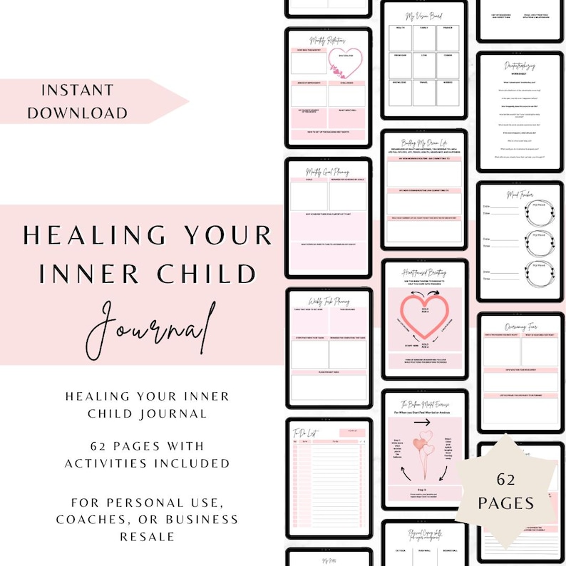 May include: A digital printable journal for healing your inner child. The journal has 62 pages with activities included. It is for personal use, coaches, or business resale.