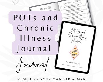 Op de afbeelding: Een dagboek voor POTS en chronische ziekten, met de titel op de cover van een tablet en een notitieboek. Het dagboek bevat de tekst "Chronic Illness Support Club" en "This Book Belongs To:" op de cover.