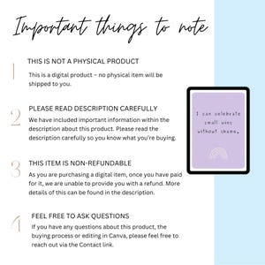 K&ouml;nnte beinhalten: Ank&uuml;ndigung eines digitalen Produkts mit dem Text "Important things to note". Ein Tablet zeigt "I can celebrate small wins without shame". Der Text erkl&auml;rt, dass es sich um ein digitales Produkt handelt und nicht erstattungsf&auml;hig ist.