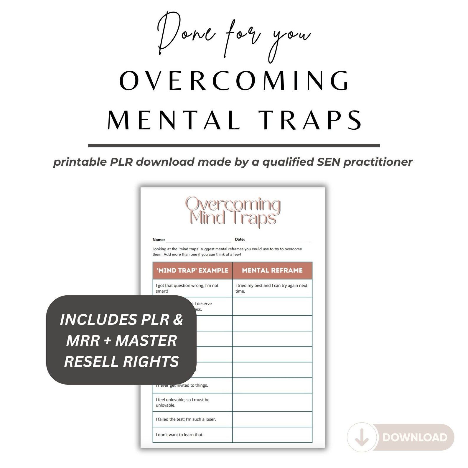 Overcoming Mental Traps Worksheet, Self Love Plr, Self Esteem, Social