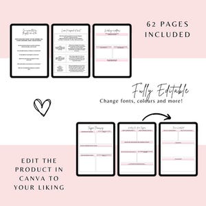 May include: A digital planner with 62 pages, fully editable in Canva. The planner includes worksheets for processing triggers, working on patterns, and journaling. The text "Fully Editable" and "Change fonts, colours and more!" is displayed on the image.