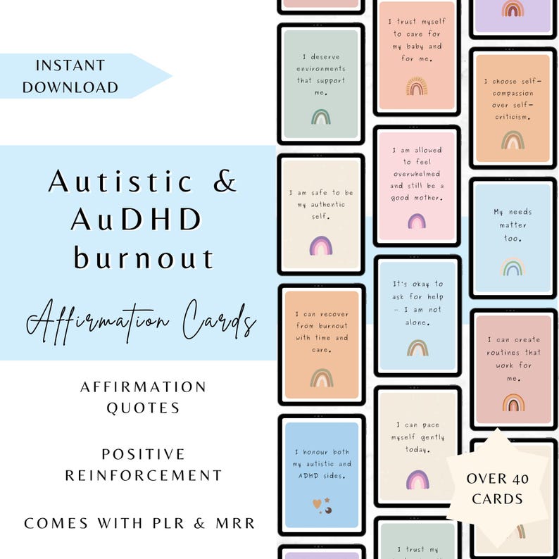 K&ouml;nnte beinhalten: Digitale Affirmationskarten f&uuml;r Autismus und AuDHD Burnout. Die Karten enthalten positive Verst&auml;rkungszitate und Affirmationszitate. Die Karten sind als Sofort-Download verf&uuml;gbar und enthalten &uuml;ber 40 Karten.