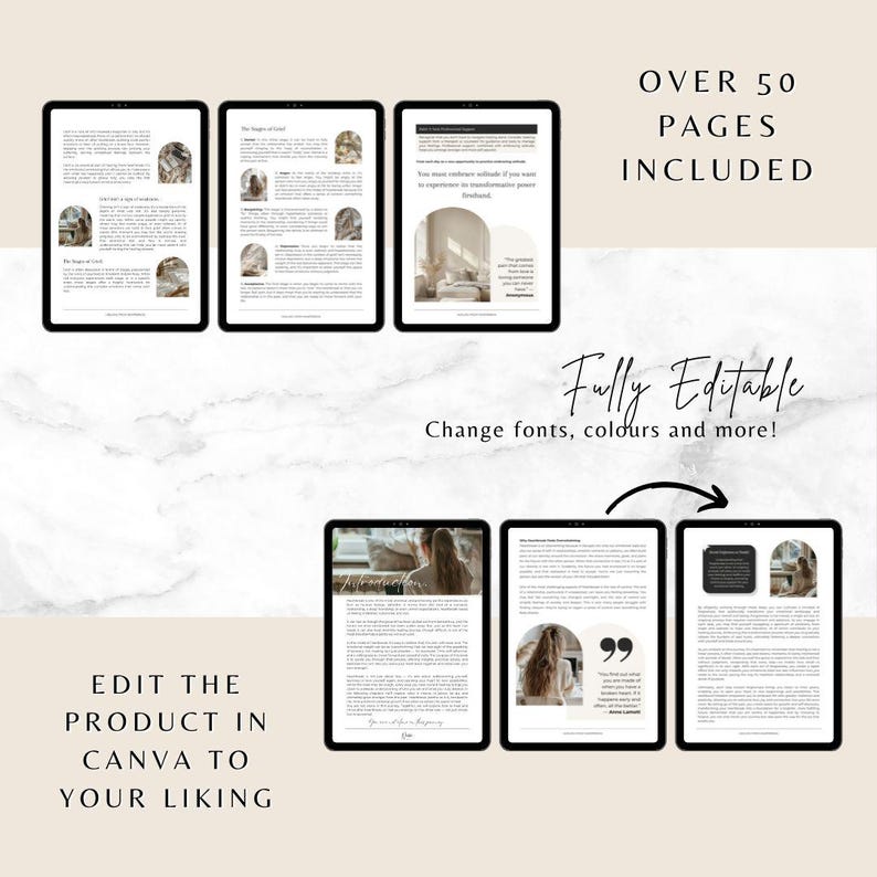 May include: A digital product mockup showing a set of pages with text and images. The pages are designed to be edited in Canva. The text on the mockup reads "Over 50 Pages Included" and "Fully Editable. Change fonts, colours and more!"