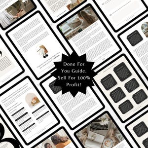 May include: A digital guide with the title "Done For You Guide. Sell For 100% Profit!"  The guide is designed to help people sell their products for a profit. The guide includes text, images, and a quote from Paul Lewis that says "Progress doesn't change the past, but it does enlarge the future."