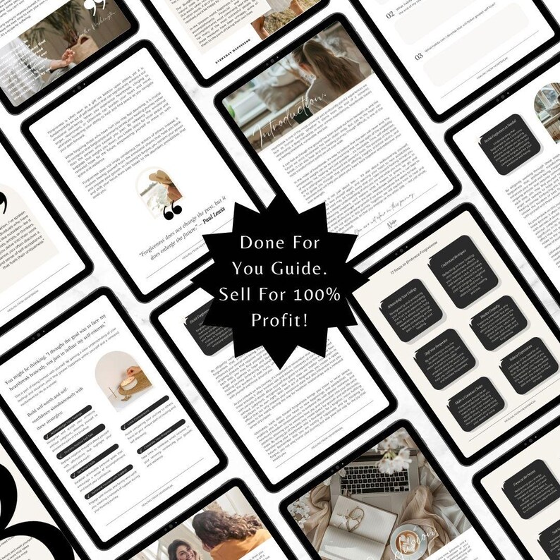 May include: A digital guide with the title "Done For You Guide. Sell For 100% Profit!"  The guide is designed to help people sell their products for a profit. The guide includes text, images, and a quote from Paul Lewis that says "Progress doesn't change the past, but it does enlarge the future."