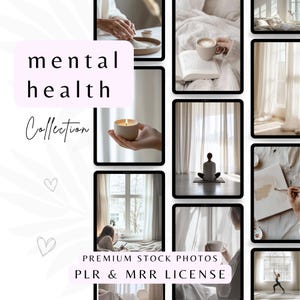 Op de afbeelding: Een verzameling stockfoto's voor mentale gezondheid met de tekst "mental health collection" in een roze kader. De foto's tonen een brandende kaars, een persoon die mediteert, een persoon die een boek leest en een persoon die in een dagboek schrijft.
