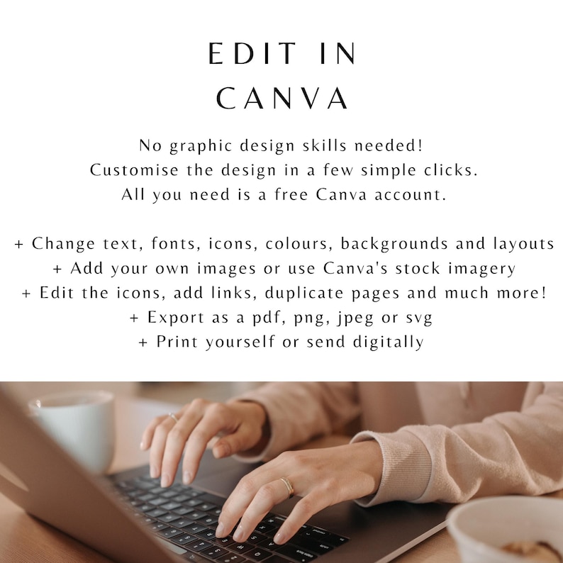 May include: A person is using a laptop computer with a white background. The text on the screen reads "EDIT IN CANVA". The text below the image reads "No graphic design skills needed! Customise the design in a few simple clicks. All you need is a free Canva account. + Change text, fonts, icons, colours, backgrounds and layouts + Add your own images or use Canva's stock imagery + Edit the icons, add links, duplicate pages and much more! + Export as a pdf, png, jpeg or svg + Print yourself or send digitally"