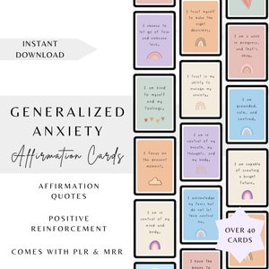 Tarjetas de afirmación de trastorno de ansiedad generalizada PLR, amor propio, autoestima, tarjetas de afirmación, derechos de reventa PLR y licencias, GAD por