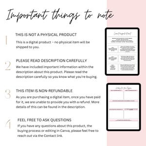 May include: A white background with black text outlining important things to note when purchasing a digital product. The text includes: This is not a physical product, Please read description carefully, This item is non-refundable, Feel free to ask questions.