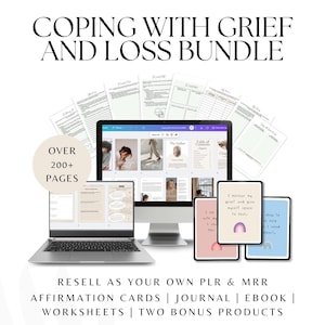 Puede incluir: Un paquete de productos digitales para afrontar el duelo y la pérdida. El paquete incluye más de 200 páginas de contenido, incluyendo tarjetas de afirmación, un diario, un libro electrónico y hojas de trabajo. También se incluyen dos productos de bonificación.