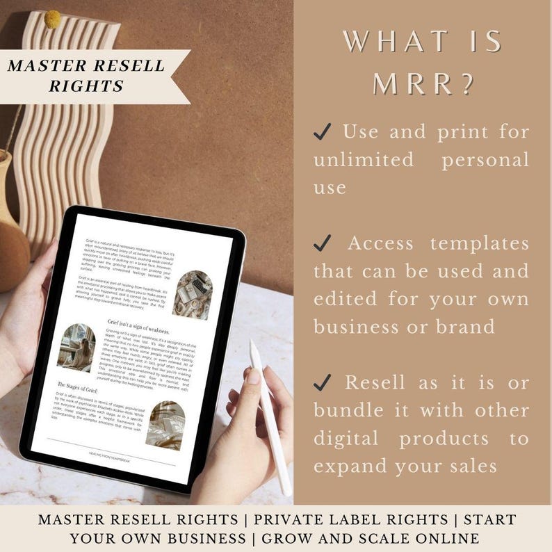 May include: A digital tablet displaying a document with the text "The Signs of Greed" and "Greed isn't a sign of weakness". The text "MASTER RESELL RIGHTS | PRIVATE LABEL RIGHTS | START YOUR OWN BUSINESS | GROW AND SCALE ONLINE" is displayed at the bottom of the image. The text "WHAT IS MRR?" is displayed on the right side of the image with three checkmarks and descriptions of the benefits of MRR.