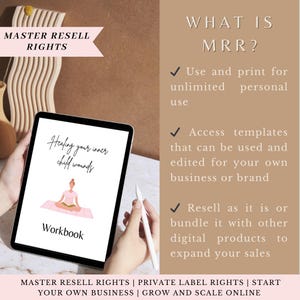May include: A digital workbook titled "Healing your inner child wounds" with a pink background and a cartoon illustration of a person sitting in a yoga pose. The text "Master Resell Rights | Private Label Rights | Start Your Own Business | Grow and Scale Online" is at the bottom of the image.