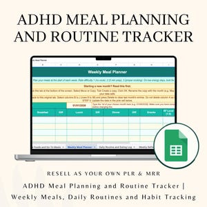 May include: A laptop screen displays a weekly meal planner template with sections for breakfast, lunch, dinner, and snacks. The text "ADHD Meal Planning and Routine Tracker" is at the top. A green document icon is in the lower right corner.