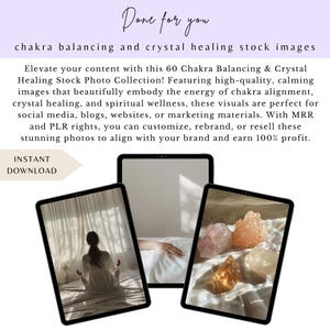 May include: Three digital tablet screens showing images related to chakra balancing and crystal healing. The first screen shows a person meditating with their eyes closed. The second screen shows a hand resting on a white surface. The third screen shows a collection of pink, orange, and clear crystals on a white surface.