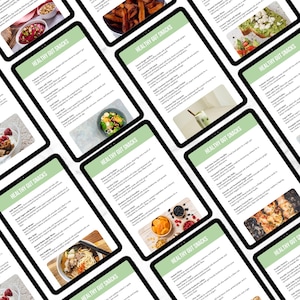 May include: A collection of digital tablets displaying a list of healthy gut snacks. The tablets are arranged in a staggered pattern on a white surface. Each tablet features a different snack option with a corresponding image and description.