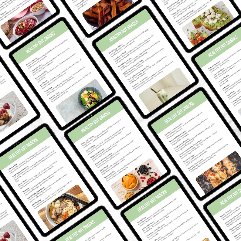 May include: A collection of digital tablets displaying a list of healthy gut snacks. The tablets are arranged in a staggered pattern on a white surface. Each tablet features a different snack option with a corresponding image and description.