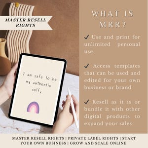 K&ouml;nnte beinhalten: Ein digitales Tablet zeigt den Text &bdquo;Ich bin sicher, ich selbst zu sein&ldquo; mit einer Regenbogen-Grafik. Das Bild enth&auml;lt auch den Text &bdquo;WAS IST MRR?&ldquo; und Aufz&auml;hlungspunkte zu pers&ouml;nlicher Nutzung, Vorlagen und Weiterverkauf. Die Worte &bdquo;MASTER RESELL RIGHTS&ldquo; sind ebenfalls sichtbar.