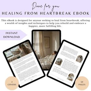 May include: A digital ebook cover with a white background and the text "Healing from Heartbreak" in black. The cover features a photo of a woman lying in bed with a white sheet and a window behind her. The ebook has 50 pages and is available for instant download.