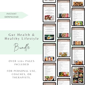 May include: A digital product bundle for gut health and healthy lifestyle. The bundle includes over 120 pages of content and is suitable for personal use, coaches, or therapists. The image shows a collage of digital pages with recipes for high protein snacks.