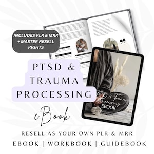 May include: A digital ebook cover with a purple background and white text that reads "PTSD & Trauma Processing eBook". The cover features a person sitting with their legs crossed, wearing a black linen outfit. The text "Resell as your own PLR & MRR Ebook | Workbook | Guidebook" is at the bottom of the cover.