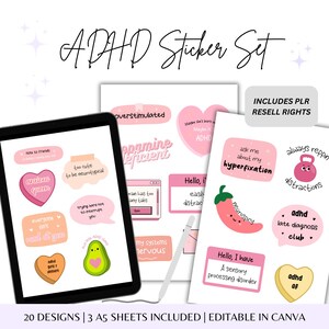 May include: A set of 20 digital stickers featuring illustrations and text related to ADHD. The stickers are in pink, yellow, green, and white. The text includes phrases like "overstimulated", "dopamine deficient", "neurospicy", and "adhd af".