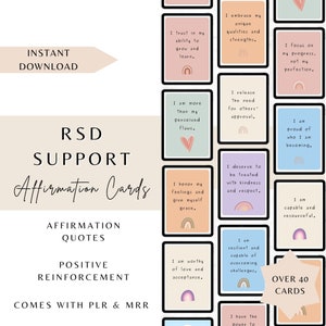 Könnte beinhalten: Ein Set mit 40 Affirmationskarten mit bunten Hintergründen und Regenbögen. Die Karten zeigen positive Affirmationen wie "Ich bin Liebe und Akzeptanz wert" und "Ich bin fähig und einfallsreich". Die Karten sollen Menschen helfen, Selbstwertgefühl und Selbstvertrauen aufzubauen.