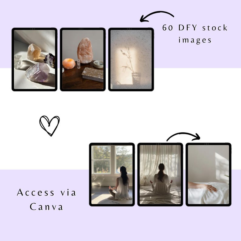 May include: A collection of six digital images featuring various scenes, including crystals, a salt lamp, sunlight streaming through a window, and a person meditating. The images are displayed on tablet screens and are part of a set of 60 stock images available for download via Canva.