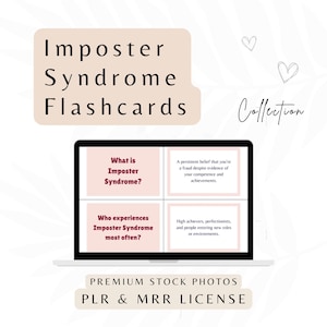 May include: A digital display shows "Imposter Syndrome Flashcards" with definitions and examples. The screen displays the questions "What is Imposter Syndrome?" and "Who experiences Imposter Syndrome most often?" with answers.