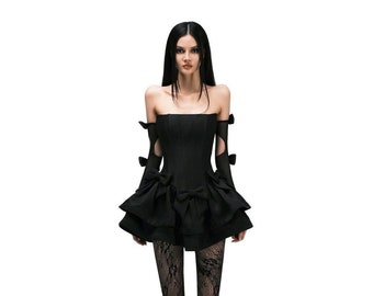 Black Layered Puffy Mini Dress with ribbons