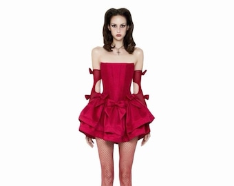 Red Layered Mini Dress with ribbons