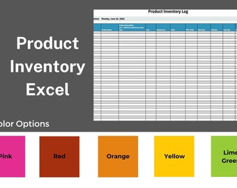 May include: A product inventory log spreadsheet template with a title that reads "Product Inventory Log". The spreadsheet has columns for product name, description, cost, vendor cost, profit, and more. The template is available in five color options: pink, red, orange, yellow, and lime green.