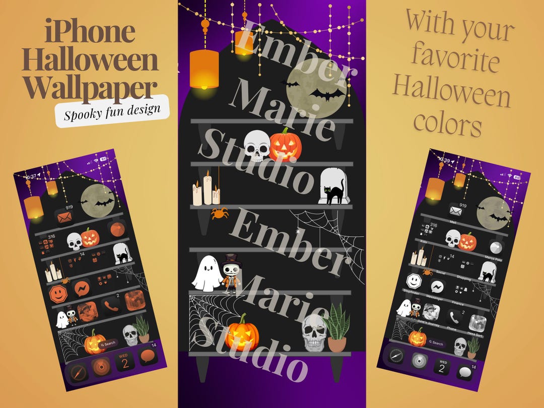Halloween Spooky Bookshelf Wallpaper for iPhone Ios 18 digital Download