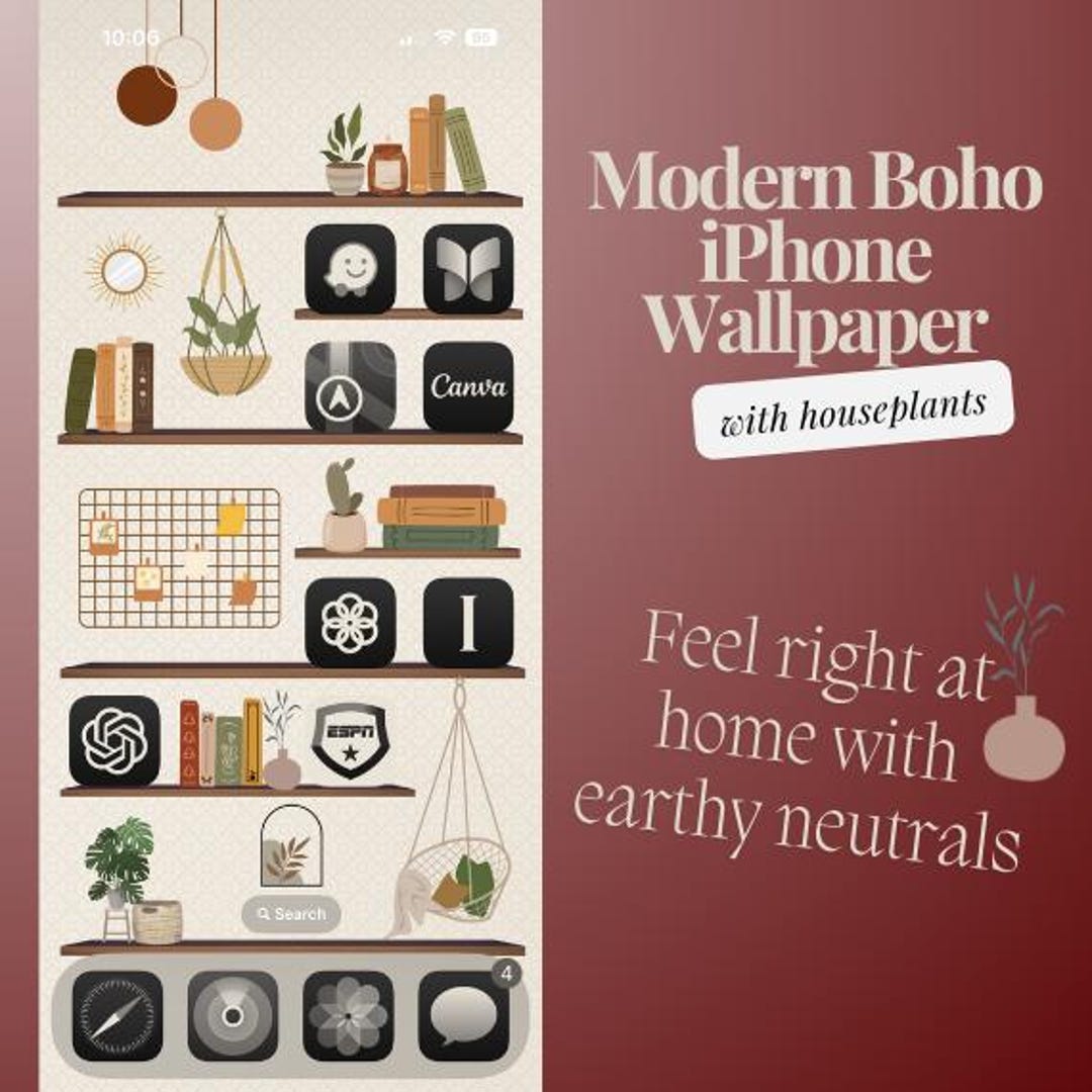 Modern Boho Bookshelf Wallpaper for iPhone Ios 18 *digital Download* - Etsy