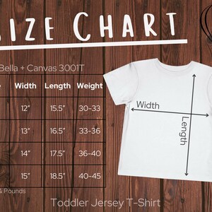 Puede incluir: Tabla de tallas para camisetas de jersey para ni&ntilde;os peque&ntilde;os de Bella + Canvas 3001T. La tabla muestra las tallas 2T a 5T con las medidas de ancho, largo y peso correspondientes en pulgadas y libras.