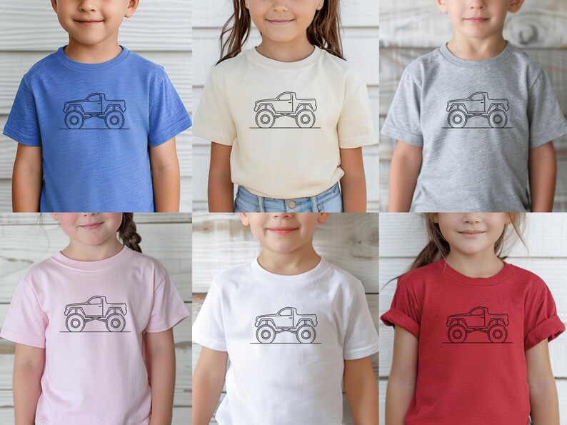 Puede incluir: Seis camisetas para ni&ntilde;os en diferentes colores, cada una con un dibujo simple de una camioneta pick-up. Las camisetas est&aacute;n disponibles en azul, rosa, blanco, gris, rojo y crema.