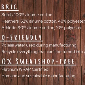 Puede incluir: Un letrero de madera con el texto "FABRIC", "ECO-FRIENDLY" y "100% SWEATSHOP-FREE" en letras blancas. El letrero enumera la composici&oacute;n de la tela de los productos, incluyendo algod&oacute;n airlume y poli&eacute;ster. Tambi&eacute;n destaca las pr&aacute;cticas de fabricaci&oacute;n ecol&oacute;gicas y &eacute;ticas, incluyendo el uso de menos agua y el reciclaje de materiales.