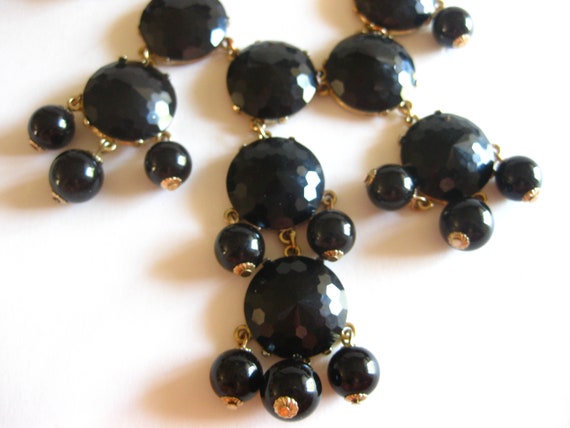 Black Beaded Large Faceted Bib Necklace 24" - 28"… - image 5