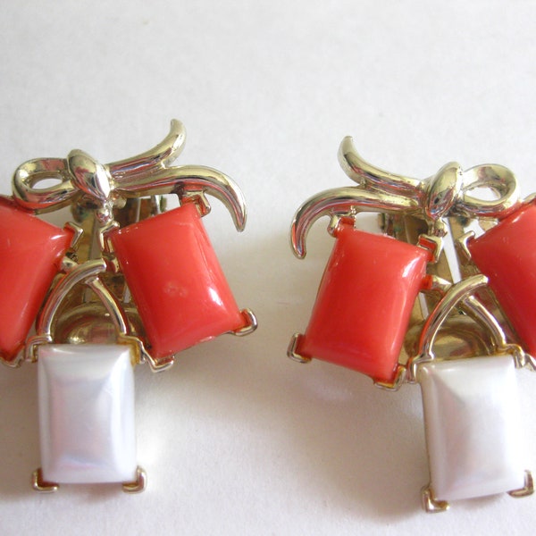 Marboux Marcel Boucher Earrings MOP Coral Clip 1960's Mid Century Vintage