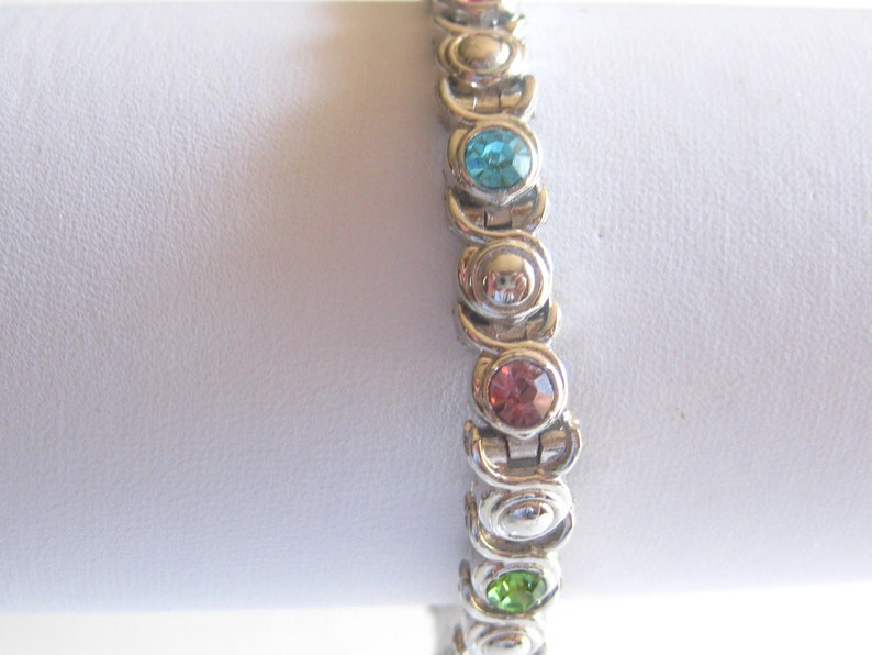 Tennis Bracelet Jeweled Multi Colored Silver Tone Vintage image 3