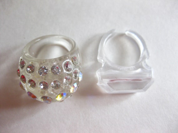 Clear Lucite Ring Lot Rhinestone Dome Square Size… - image 1