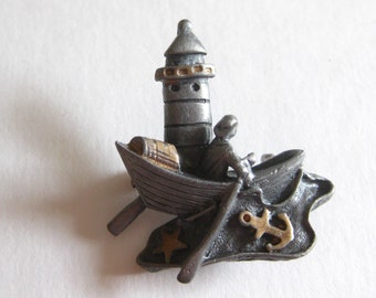 Pewter Nautical Lighthouse Brooch Anchor Captain Vintage