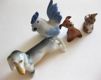 Animal Lot (5) Mini Dachshund Hen Cat Dog Ceramic Porcelain Vintage