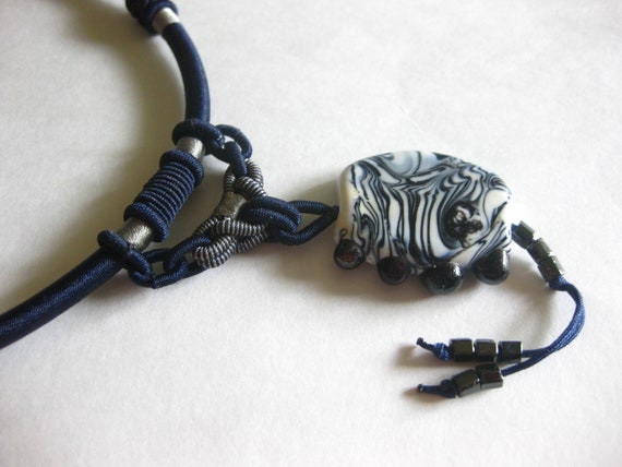 Jasper Zebra Stone Onyx Necklace Blue Cord Chain - image 2