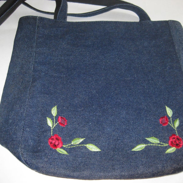 Blue Denim Tote Shoulder Bag Embroidered Red Roses Vintage